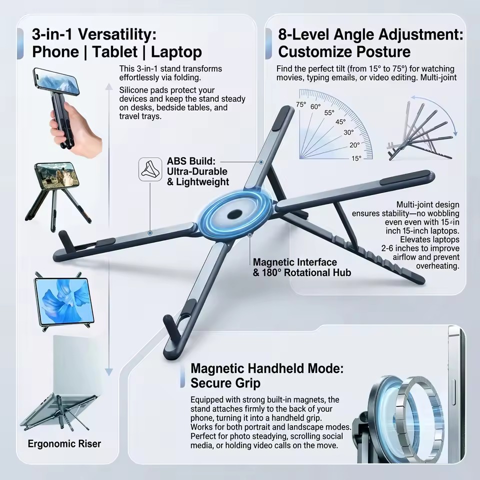 Desk Setup Notebook - Tragbarer Magnetischer Handyhalter & Selfie-Stick 3-in-1